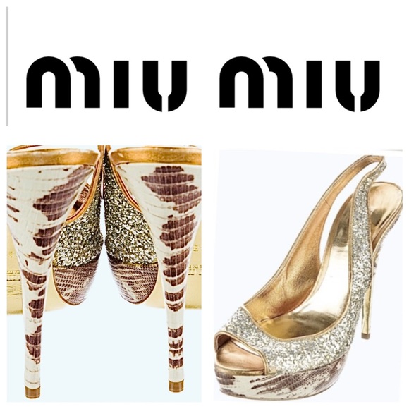 Miu Miu Embellished Silver Glitter Peep Toe Leather Slingback Shoes 8.5 - Picture 3 of 14